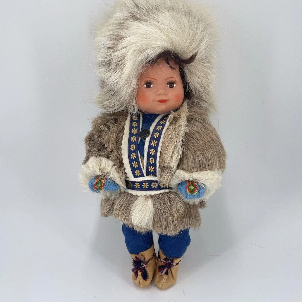 Vintage Inuit Eskimo Doll Faux Fur Parka Moccasins Blue Embroidered Trim 12 Inch